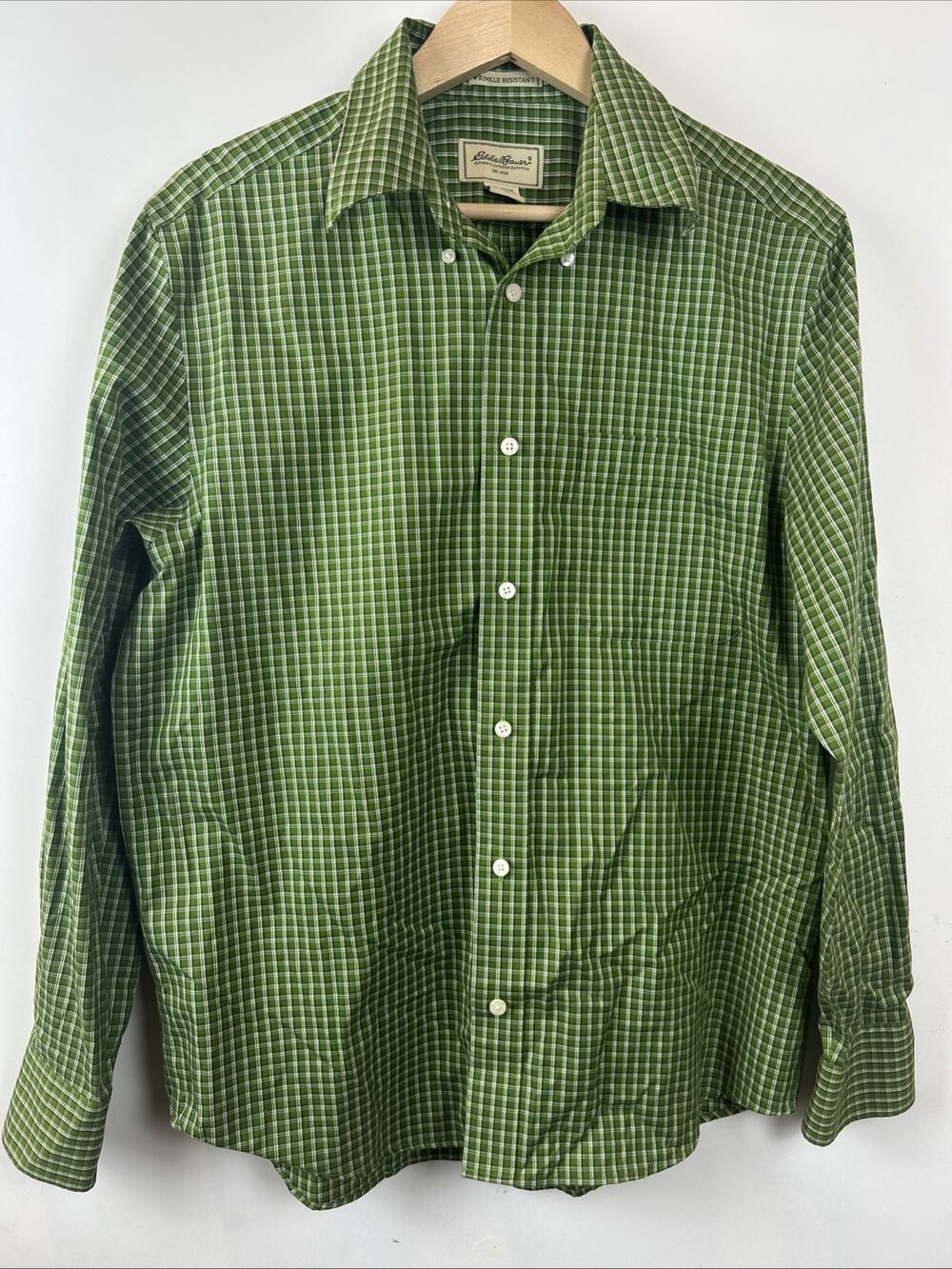 Eddie Bauer Wrinkle Resistant Green Plaid Long Sleeve Dress Shirt Size M